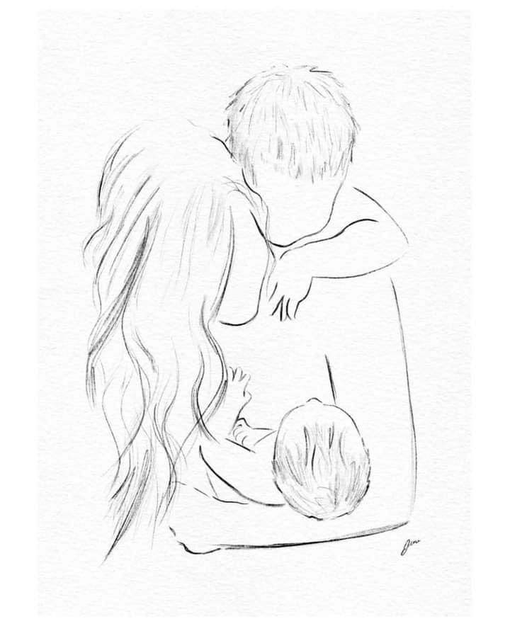 a black and white drawing of a mother holding her child