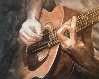 a painting of a man playing an acoustic guitar with his hand on the neck and shoulder