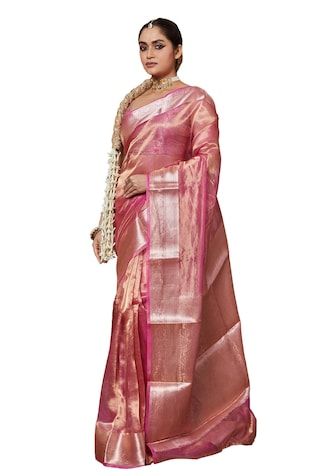 Onion pink saree with floral handwoven motifs on border. Comes with running blouse piece. - Aza Fashions Pink Cotton Silk Pre-draped Saree With Self Design, Designer Tussar Silk Pre-draped Saree, Pink Tissue Silk Pre-draped Saree With Self Design, Cotton Silk Pre-draped Saree For Diwali, Diwali Cotton Silk Pre-draped Saree, Pink Cotton Silk Traditional Wear For Transitional Season, Transitional Pink Cotton Silk Traditional Wear, Transitional Slub Silk Pre-draped Saree, Anarkali Pre-draped Tussar Silk Saree