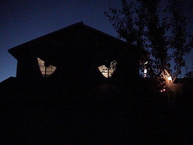 two lights are shining on the roof of a house at night time, with trees in the foreground