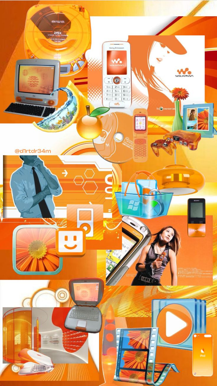 an orange and white collage with many different things on it's side, including cell phones