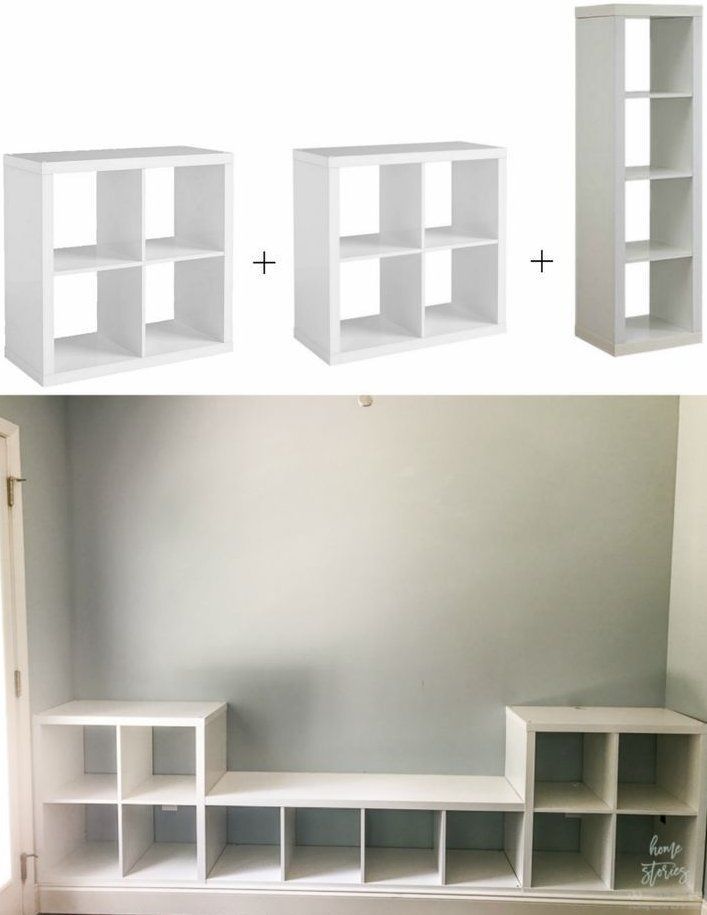 three white shelving units are shown in the same room