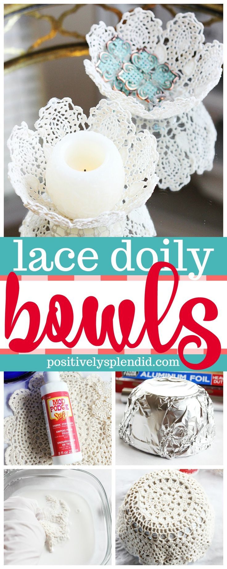 lace doily bowls with text overlay that says lace doily bowls