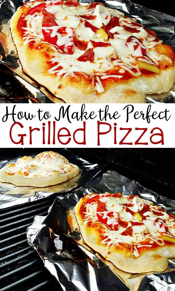 two pizzas sitting on top of aluminum foil covered in cheese and sauce, with the words how to make the perfect grilled pizza