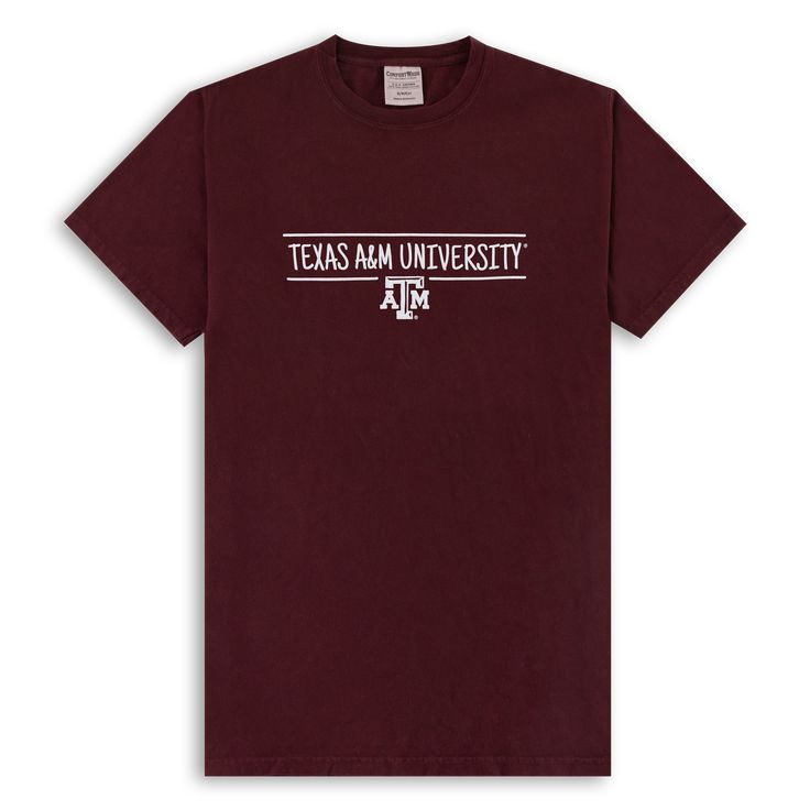 Show off your school pride with our Texas A&M University Traditions T-Shirt! Made of maroon fabric with the iconic university name in white, this shirt is perfect for any Aggie fan. The back features white graphics showcasing the beloved traditions of Texas A&M. Represent your school spirit in style! - Brand: Comfort Wash - 100% Cotton - Machine Wash Cold/Tumble Dry Low Collegiate Pre-shrunk T-shirt For Campus, Fan Apparel Cotton T-shirt For Campus, Casual Cotton T-shirt With University Logo, College Style Crew Neck T-shirt For College Events, Collegiate Short Sleeve T-shirt For Campus, University Logo Cotton T-shirt For College Events, Collegiate Tops With University Logo For Campus, Collegiate Graphic Print T-shirt For Campus, Collegiate Short Sleeve Tops For Campus