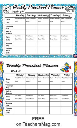 the weekly preschool planner is shown in two different colors and font, with an image of a