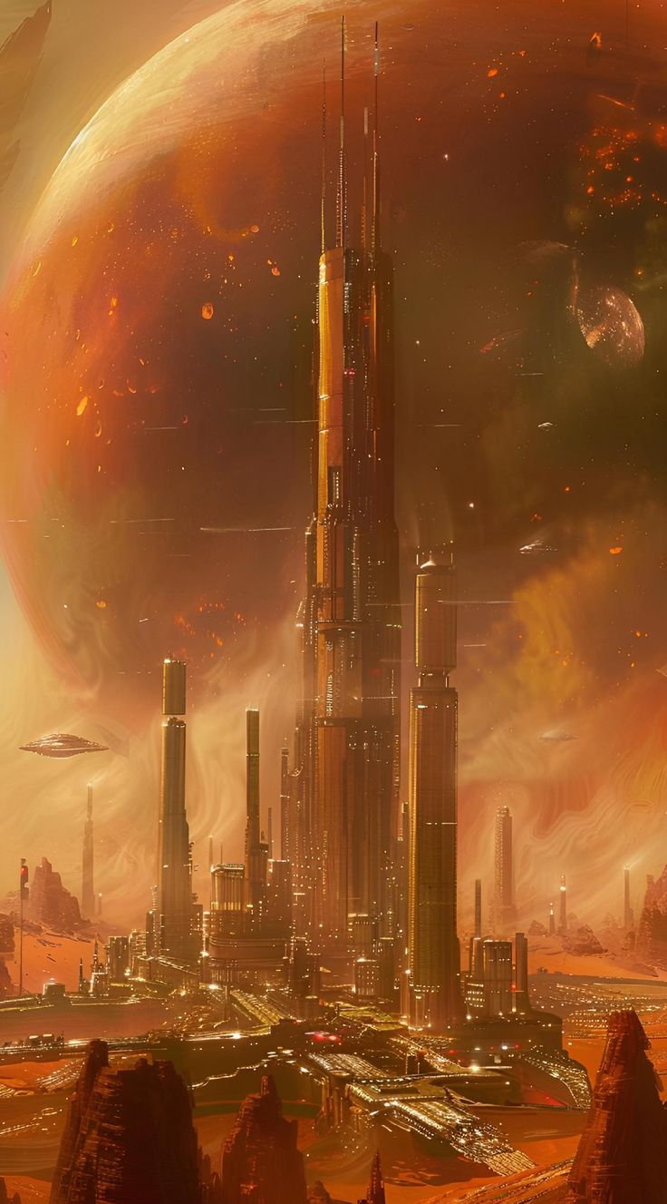 a sci - fi city surrounded by mountains and planets in the distance, with an orange sky