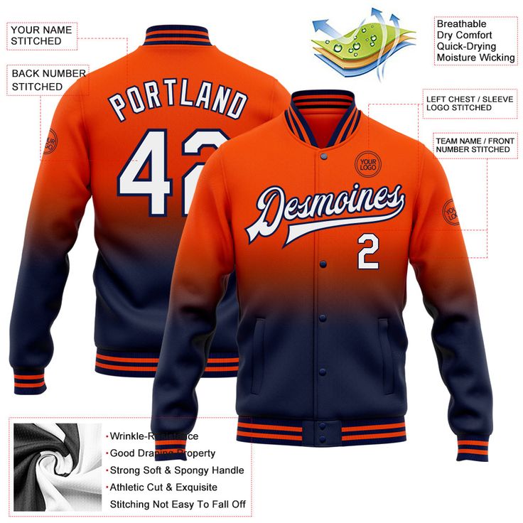 Custom Orange White-Navy Bomber Full-Snap Varsity Letterman Fade Fashion Jacket Green Letterman Jacket, Custom Sportswear, St. Patricks Day, Alpha Kappa Alpha, Letterman Jacket, Jacket Sale, Knit Collar, Kelly Green, Orange White