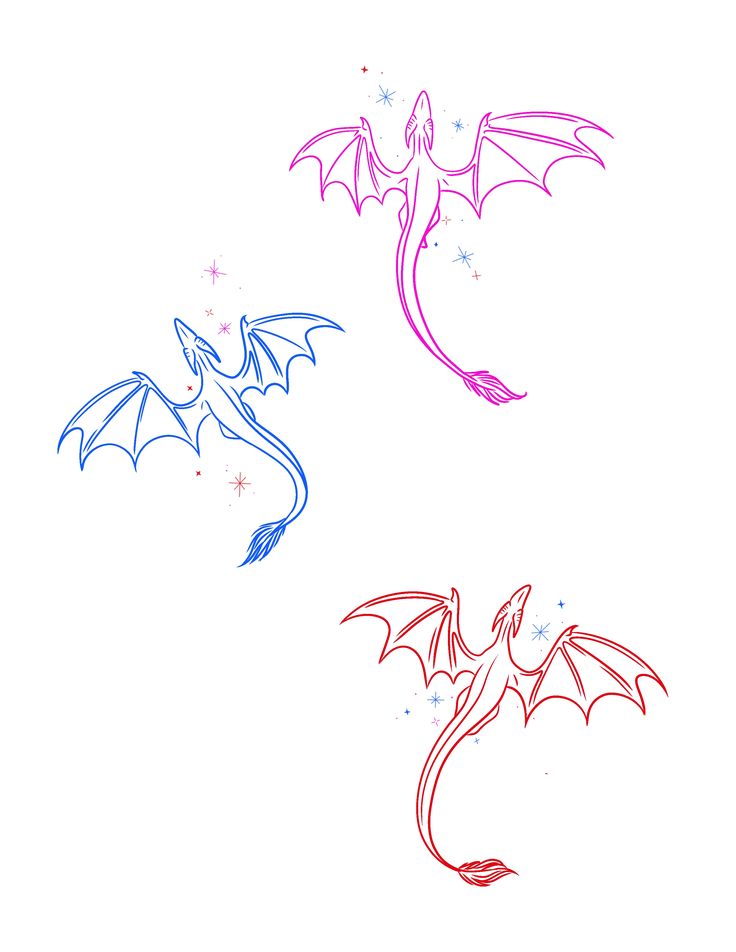 three different colored dragon drawings on a white background