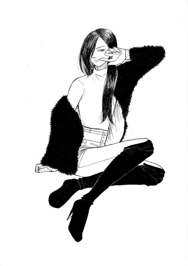 a drawing of a woman sitting on the ground with her hands to her face, wearing black and white fur