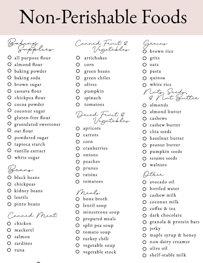 If you're looking for ideas on what to stock your pantry with, we've got you covered! We've created an extensive list of non-perishable foods so you always have healthy options on hand. Includes printable shopping list! #nonperishable #pantry #shoppinglist Seasoning To Have On Hand, Fridge Must Haves Food Grocery Lists, List Of Seasonings, Things To Always Have In Your Pantry, Stock Pile Food List, Preppers Pantry Stockpile List, Prepper Food List, Pantry Stock Up List, Non Perishable Foods List