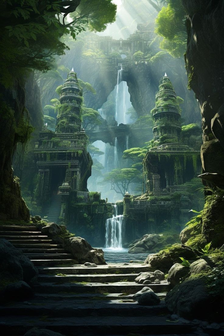 a fantasy forest scene with waterfall and steps leading to the water falls in front of them