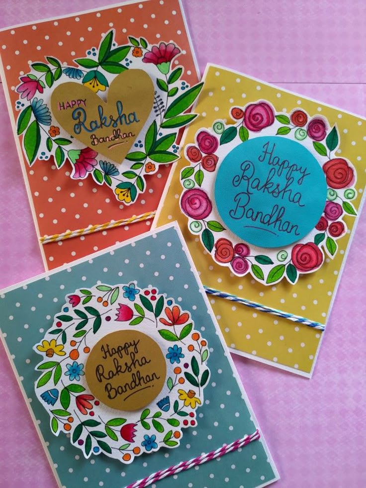 three cards with different designs on them, one has a happy birthday card in the middle