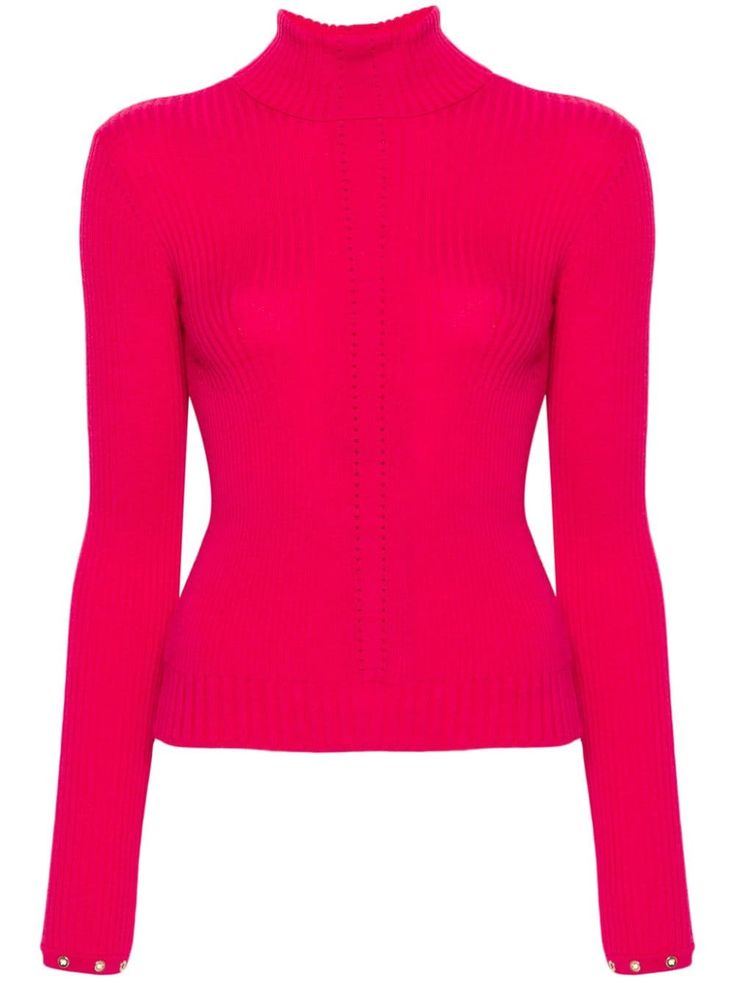 dark pink wool ribbed knit perforated detailing metal eyelet detailing gold-tone logo charm roll neck long sleeves straight hem Fall Winter Fashion Trends, Yoko London, City Dress, Knitted Tops, Summer Beach Wear, Roll Neck, Knit Jumper, Fashion Styles, Knitwear Women