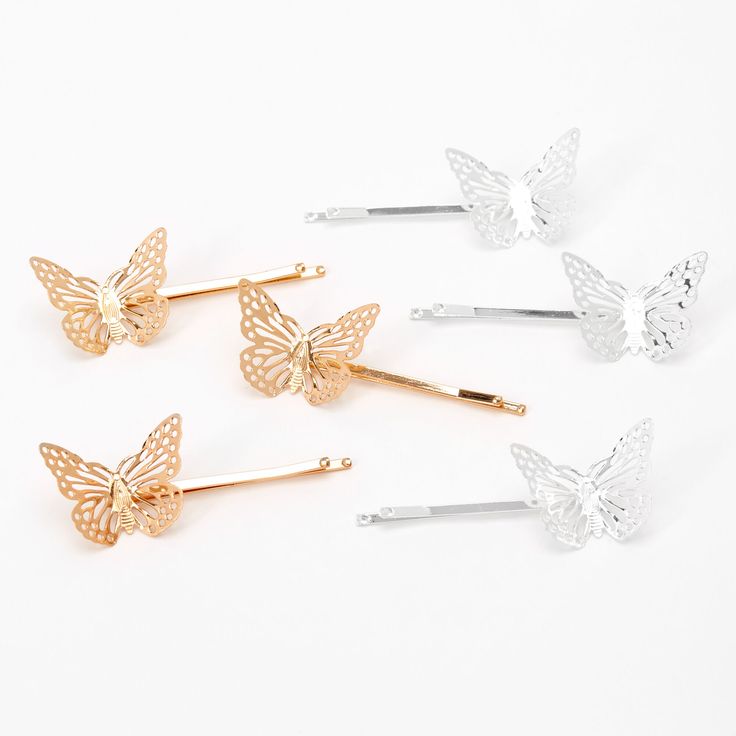 Claire's Gold & Silver Butterfly Hair Pins - 6 Pack Gold Butterfly Hair Pins, Light Academia Hair, Butterfly Hair Pins, Ice Queen Makeup, Cinderella Quinceanera, Butterfly Hair Accessories, Prom Hair Accessories, Prom Outfit, Piercing Kit