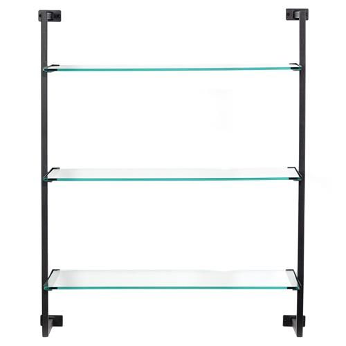 three glass shelves with black metal brackets on the top and bottom, against a white background