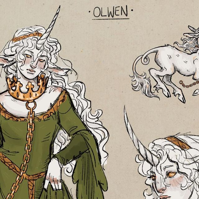 a drawing of a woman in green dress with horns and unicorns around her neck