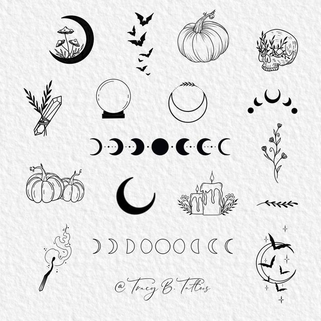 the moon, stars and pumpkins are drawn in black ink on white paper with an overlay