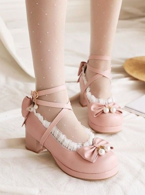 ❤︎ Cross strap lace ribbon pumps❤︎ One Piece Jumper, Zapatos Mary Jane, Mary Jane High Heels, Op Dress, Styles P, Pink Pumps, Chunky High Heels, Mary Jane Heels, Sweet Lolita