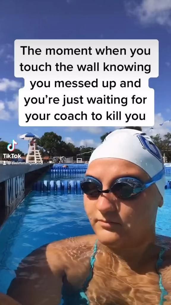 a woman in a swimming cap and goggles sitting next to a pool with the words, the moment when you touch the wall known