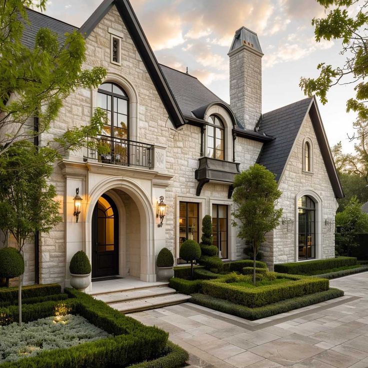 a large house with lots of windows and bushes in the front yard, along with an entry way