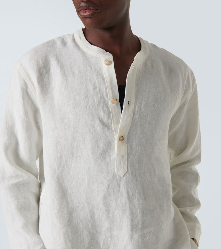 Find COMMAS Linen Shirt on Editorialist. Material: 100% linen. Care instructions: dry clean. Made in China. Closure: partially buttoned front. Cuff: buttoned. Linen Button-up Shirt With Button Cuffs, Casual Collar Linen Shirt With Buttons, White Linen Button-up Shirt, Long Sleeve Linen Shirt With Placket, Linen Henley Neckline Tops For Summer, White Linen Tops With Placket, Summer Linen Tops With Henley Neckline, Linen Tops With Henley Neckline For Summer, White Linen Shirt With Button Cuffs