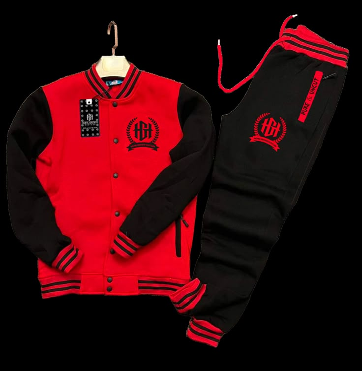 Stay comfortable and stylish with the Home Grown Hustler varsity set. This set includes a varsity jacket and matching jogger pants, both made from a soft and stretchy fabric. The relaxed fit allows for maximum mobility, while the bold logo adds a touch of flair. Whether you're running errands, meeting up with friends, or just lounging at home, this varsity set is a perfect choice. Plus, it's easy to care for – just toss it in the wash and it's good as new. Available in sizes S-XXXL, this varsity Cheap Varsity Tops With Direct To Garment Printing, Casual Cotton Activewear With Three Stripes Branding, Sporty Fleece Tracksuit For Loungewear, Casual Red Tracksuit For Loungewear, Casual Red Sports Sweats, Red Casual Sports Sweats, Casual Red Sweats For Sports, Fleece Athleisure Tracksuit For Leisure, Winter Sports Cotton Sets