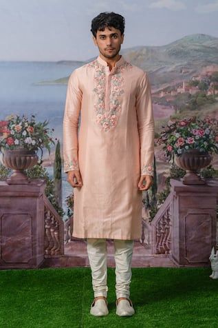 Pink kurta with silk thread, zardozi, pearl, sequin embroidery in floral pattern. Paired with pant. - Aza Fashions Tissue Silk Straight Kurta For Reception, Straight Tissue Silk Kurta For Reception, Festive Raw Silk Bandhgala With Gota Work, Festival Bandhgala With Gota Work In Raw Silk, Reception Kurta With Dori Work In Raw Silk, Raw Silk Kurta With Dori Work For Reception, Reception Raw Silk Kurta With Dori Work, Straight Kurta With Dori Work For Reception, Straight Kurta With Gota Work For Reception