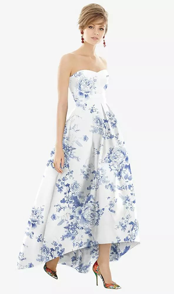 Strapless Floral Satin High Low Bridesmaid Dress With Pockets In Cottage Rose Larkspur | The Dessy Group Cottage Rose, High Low Gown, Floral Bridesmaid Dresses, Evening Dress Collection, Alfred Sung, Floral Bridesmaid, Strapless Floral Dress, Bateau Neck, Strapless Gown