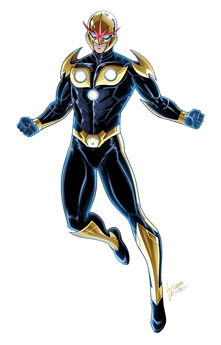 a drawing of a man in a black and gold costume running with his hands out