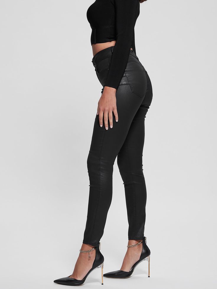 Feel extra comfortable in your own skin with these special jeans. Featuring a curve-hugging denim design, high-rise waist, five-pocket construction, dual waist buttons and triangle logo at the back pocket. Chic Slim Bottoms For Fall, Chic Slim Fall Bottoms, High Rise Jeggings With Five Pockets For Work, Fitted High Rise Bottoms With Five Pockets, Edgy High Rise Pants With Five Pockets, High Rise Jeans With Five Pockets For Night Out, Trendy Slim Bottoms With Five Pockets, Edgy Mid-rise Bottoms With Five Pockets, High Rise Denim Pants For Night Out