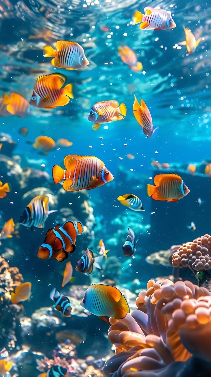 an aquarium filled with lots of different types of fish and corals on the water