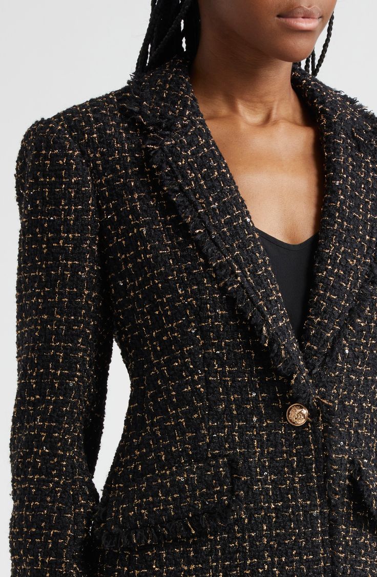 A wool-kissed blazer is shot through with shimmer and cut from fringe-finished tweed. One-button closure Notched lapels Three-quarter sleeves with one-button cuffs Chest welt pockets; front flap pockets Back vent Lined 35% wool, 27% polyester, 6% acrylic Dry clean Imported Luxury Fall Tweed Dress For Office, Luxury Tweed Dress For Workwear In Fall, Luxury Tweed Dress For Fall Office Wear, Luxury Tweed Dress For Office In Fall, Luxury Tweed Blazer For Office, Luxury Tweed Office Blazer, Chic Tweed Blazer For Evening, Luxury Tweed Jacket For Fall Parties, Evening Tweed Jacket