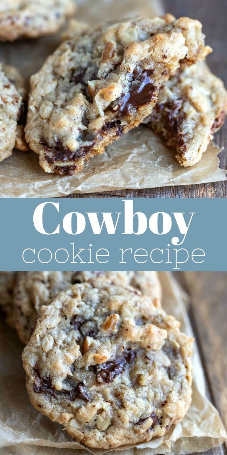 cowboy cookie recipe with chocolate chips on top and in the middle, one is cut in half