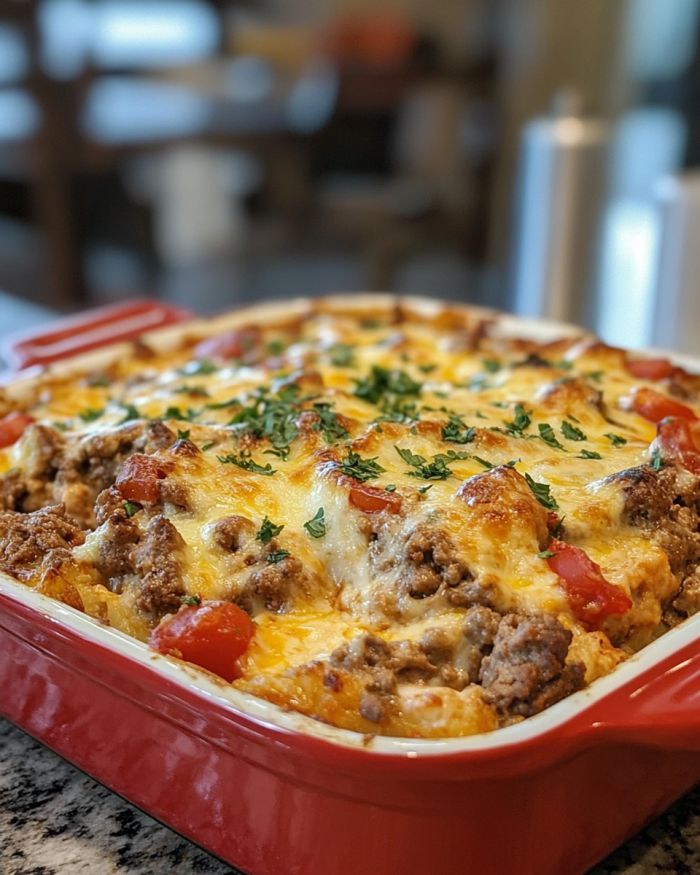 a red casserole dish with meat and cheese