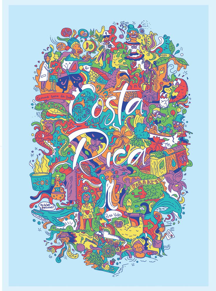 an illustrated poster with the words costa rica in colorful lettering on a light blue background