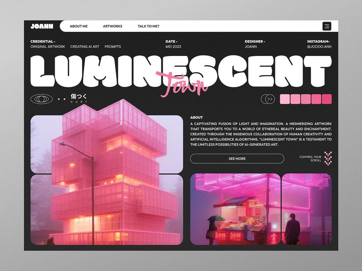 an image of a website page with pink lighting on the building and people standing outside