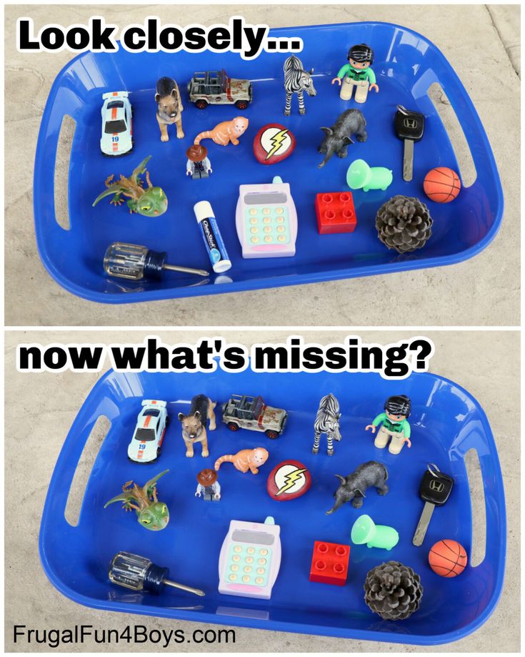 two trays filled with toys and the words look closely now what's missing?