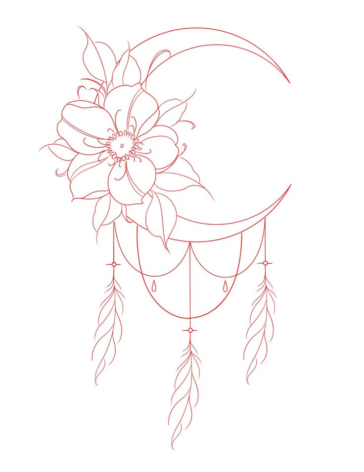 a drawing of a flower on top of a crescent with feathers hanging from it's sides