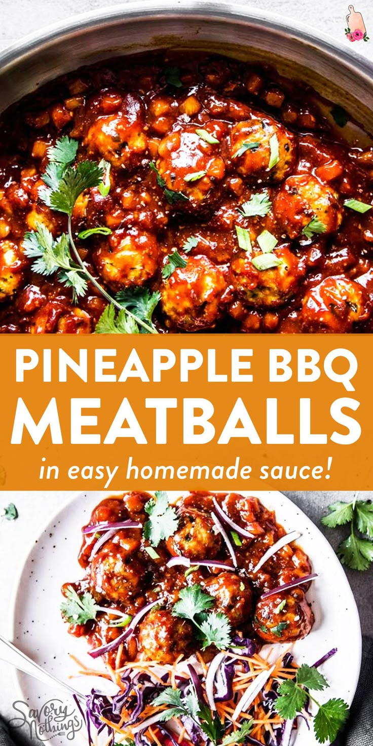 pineapple bbq meatballs in an easy homemade sauce with shredded carrots and cilantro