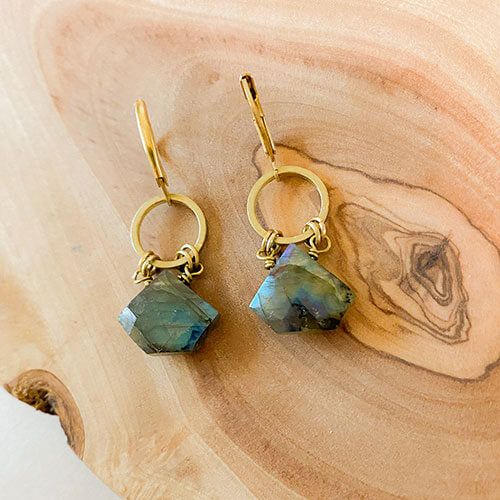 Specialty cut labradorite gemstones hang from 10mm brass circles. The earrings are 1x.5” and hang a bit longer than that. These stones are stunning. We have limited quantity so these are not ones you want to wait for later on. Each ships on a Santore card with a little gemstone crystal meaning information on the back. Labradorite: A stone of transformation & magic that is excellent for general protection. It is said to help w/clarity & insight, as well as attract success. Minimalist Faceted Drop Earrings, Handmade Modern 14k Gold Filled Jewelry, Modern Brass Earrings With Gemstones, Nickel-free Labradorite Jewelry, Modern Brass Jewelry With Natural Stones, Modern Everyday Jewelry With Gemstones, Minimalist Faceted Everyday Earrings, Minimalist Everyday Faceted Earrings, Modern Everyday Gemstone Jewelry