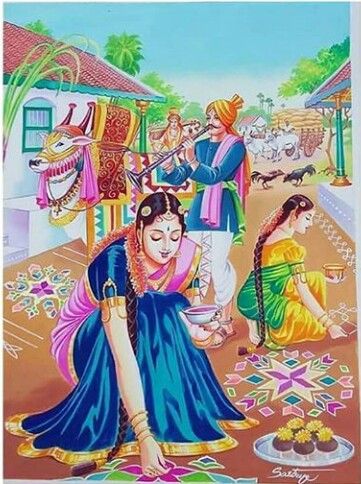 Happy Makar Sankranti Village Scene Drawing, Indian Drawing, Rajasthani Painting, Indian Traditional Paintings, Composition Painting, Indian Illustration, Scene Drawing, Art Village, Indian Painting