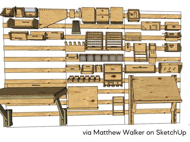 a drawing of a wooden bench and table with drawers on each side, along with other woodworking plans