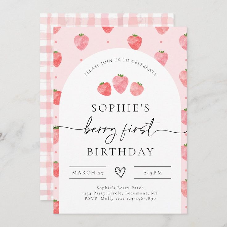 a pink and white birthday card with strawberries on it