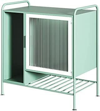 a green cabinet with an open door and metal bars on the bottom, against a white background