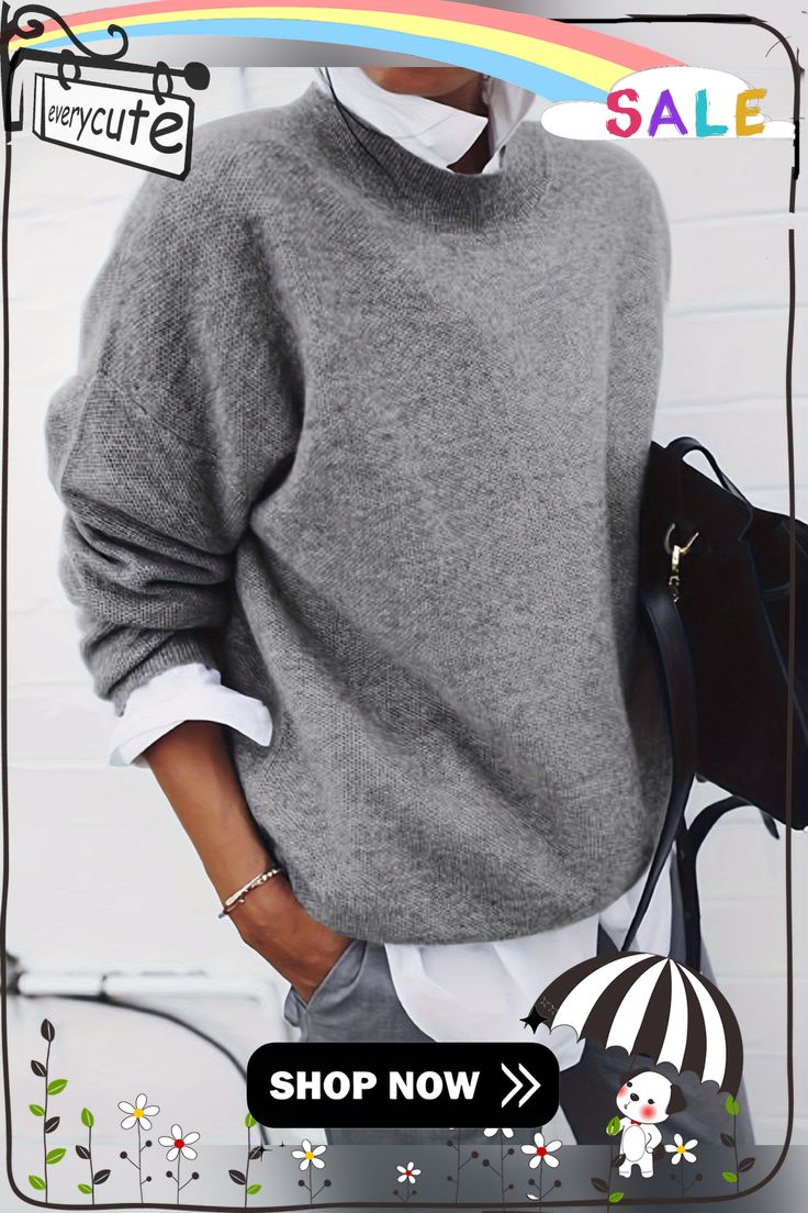 Casual and Fashionable Winter Pullover Classic Solid Color Fall Sweater, Gray Sweater For Workwear, Gray Turtleneck Sweater For Spring, Cozy Gray Tops For Workwear, Cozy Gray Top For Workwear, Cozy Solid Color Sweater For Work, Everyday Solid Color Sweater For Fall, Chic Relaxed Fit Long Sleeve Sweater, Chic Long Sleeve Sweater With Relaxed Fit