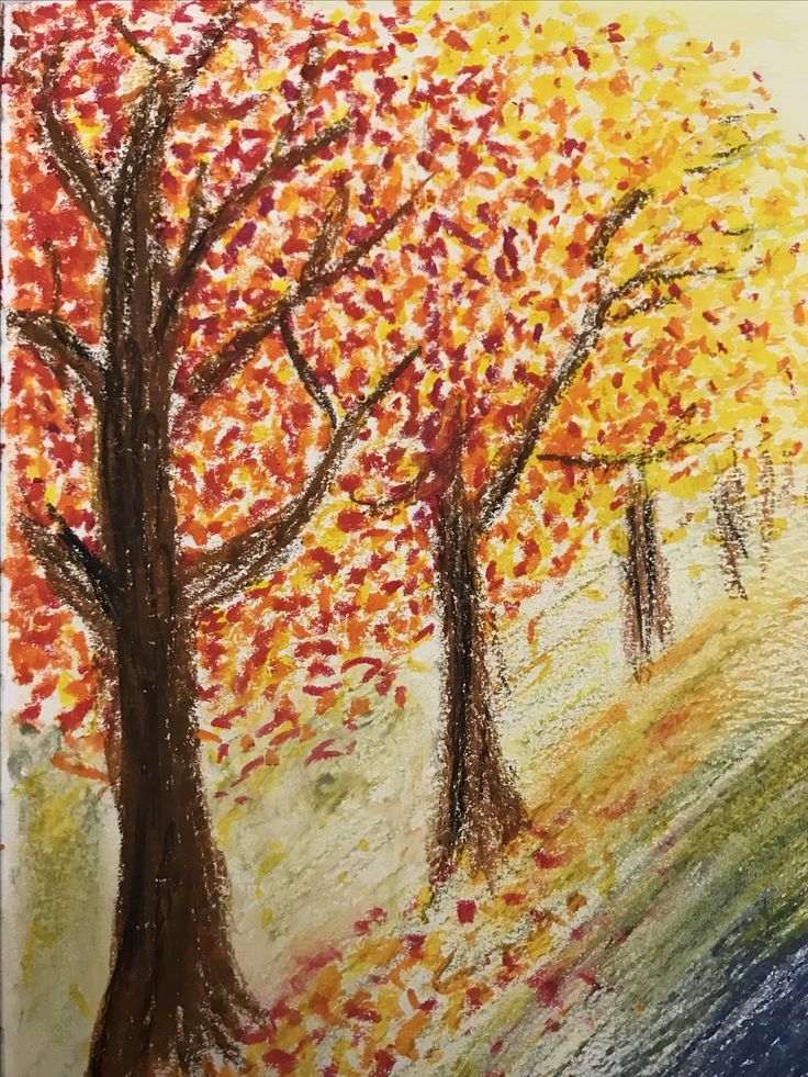 a drawing of two trees in the fall with leaves falling off them and one tree has red, orange, yellow and green leaves on it