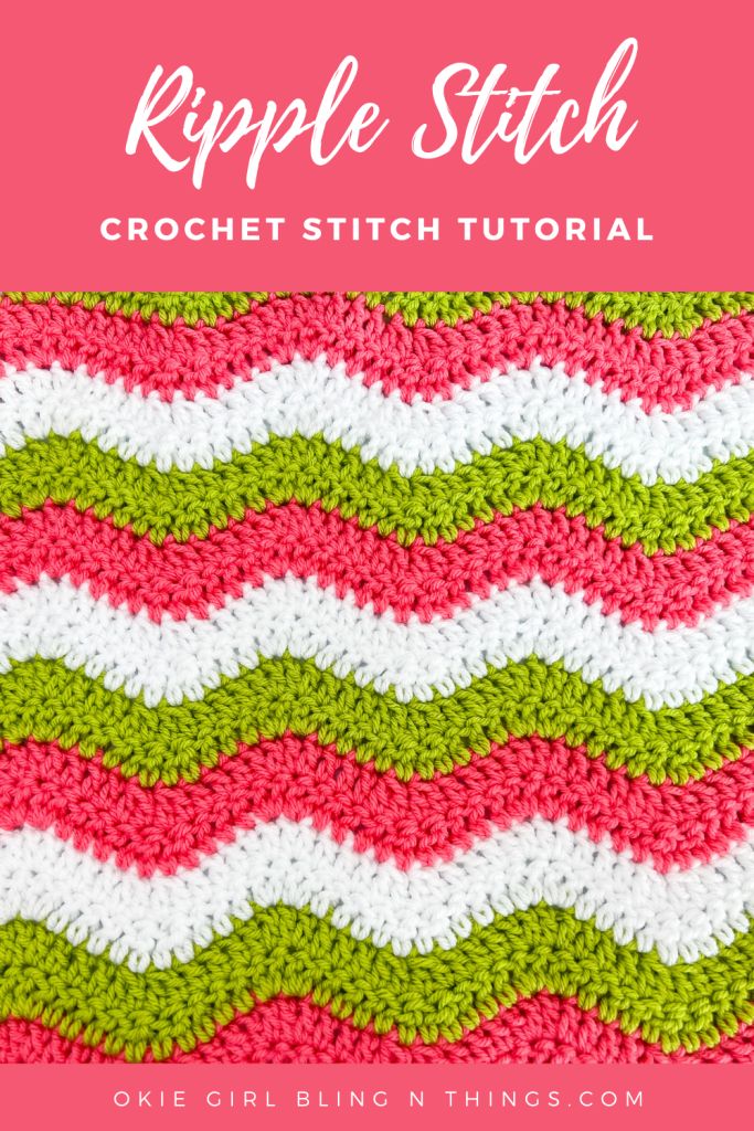 the ripple stitch crochet pattern is shown in pink, green and white