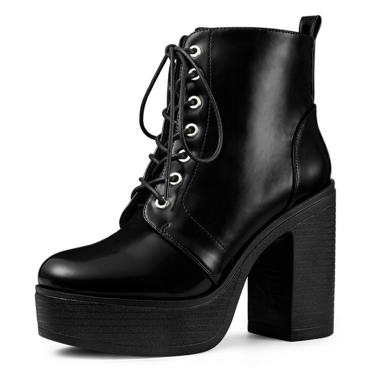 A lace-up decor ankle boot brings a water-resistant finish, it fits you in winter or rainy day. A block heel design allow the toes to move comfortably. Combat Boots; Side Zipper Closure; Chunky Heel; Lace Up Decor; Vamp: PU; Outsole: PU; Heel: PU; Heel Height: 4 1/2 inches, Platform Height: 1 4/7 inches. Size: 6. Color: black. Gender: female. Age Group: adult. Pattern: Solid. Heel Combat Boots, Combat Boots Black, Cosplay Clothes, Comfortable Ankle Boots, Womens Combat Boots, Black Combat Boots, Lace Up Combat Boots, Chunky High Heels, Wedge Ankle Boots