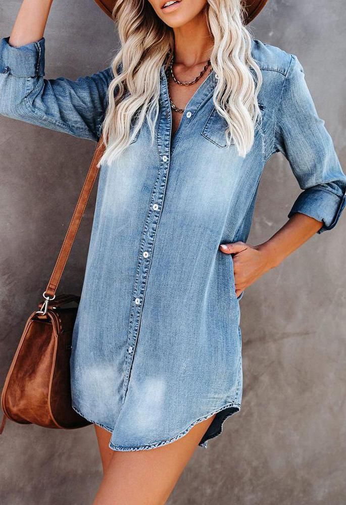 Loose Denim Dress, Kemeja Denim, Chic Style Outfits, Casual Denim Dress, Long Sleeve Denim Dress, Trendy Work Outfit, Outfits For Spring, Casual Chic Outfits, Blue Jean Dress